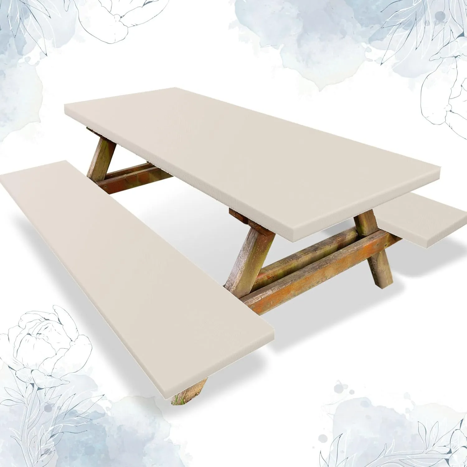 3 Pcs Picnic Table and Bench Fitted Tablecloth Cover for 6 Ft Table 30 x 72 Inch Vinyl Fitted Elastic Edges Waterproof Wipeable Tablecloth for Indoor Outdoor Travel Picnics Patio Camping (Beige)