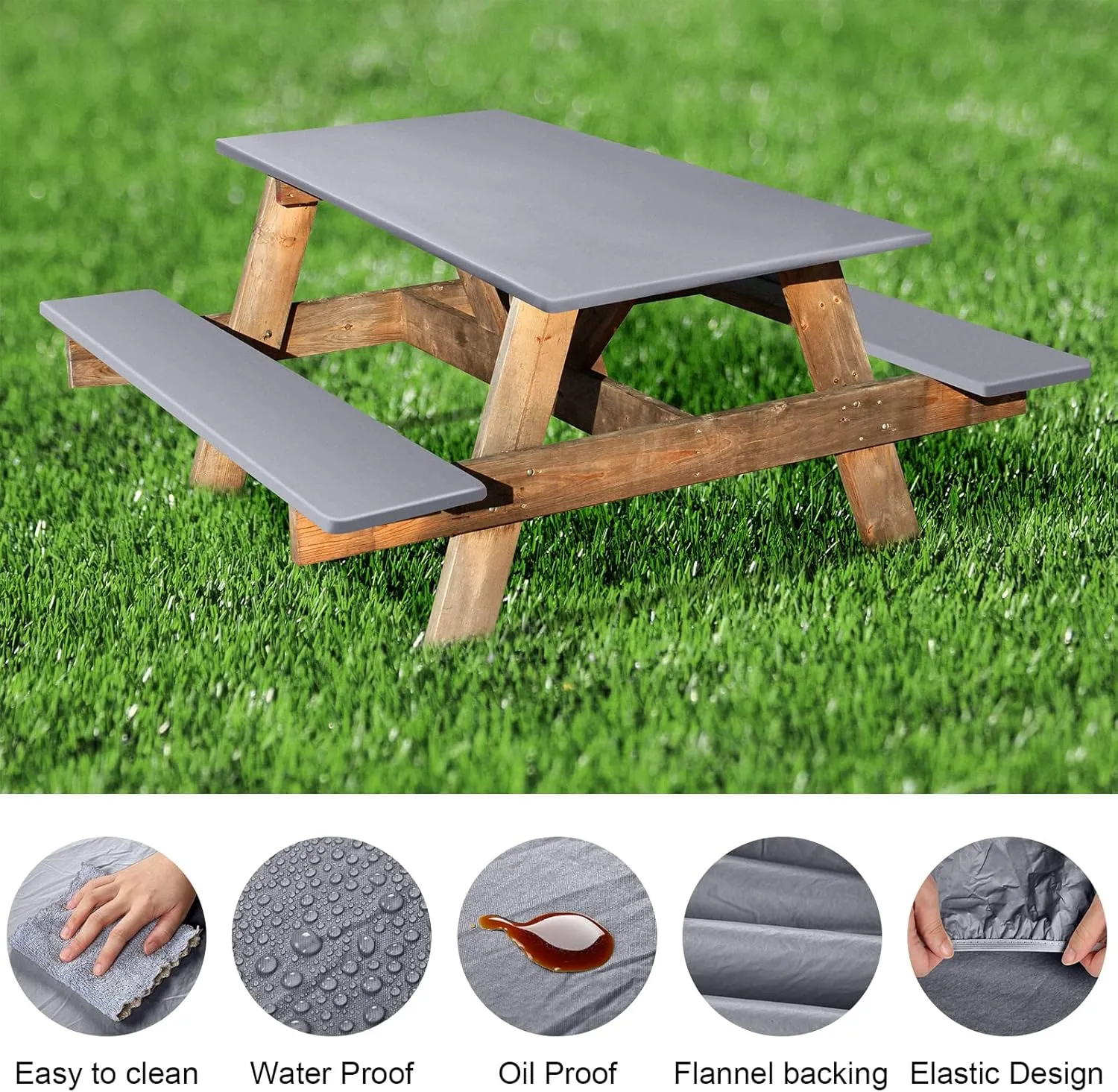 3 Pcs Picnic Table and Bench Fitted Tablecloth Cover for 6 Ft Table 30 x 72 Inch Vinyl Fitted Elastic Edges Waterproof Wipeable Tablecloth for Indoor Outdoor Travel Picnics Patio Camping (Grey)