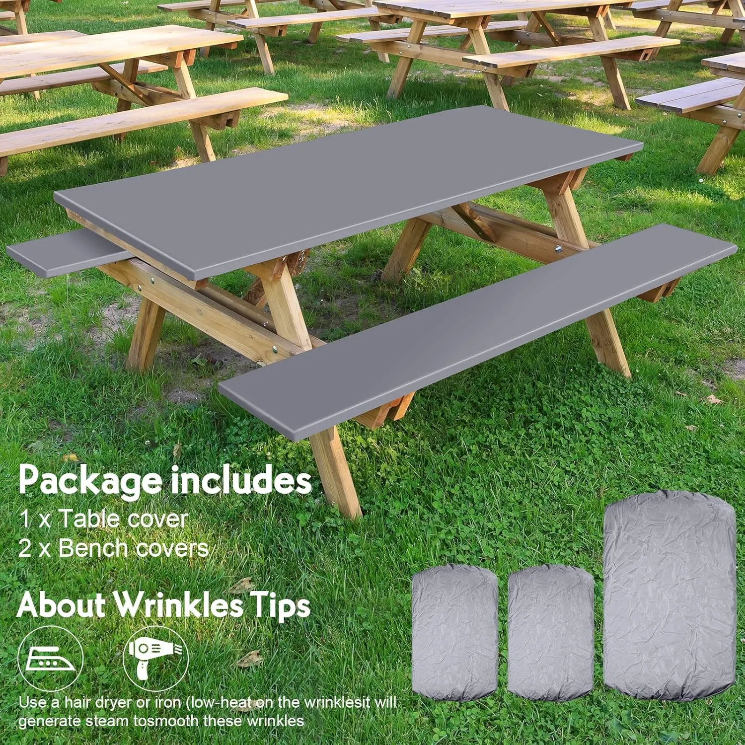3 Pcs Picnic Table and Bench Fitted Tablecloth Cover for 6 Ft Table 30 x 72 Inch Vinyl Fitted Elastic Edges Waterproof Wipeable Tablecloth for Indoor Outdoor Travel Picnics Patio Camping (Grey)