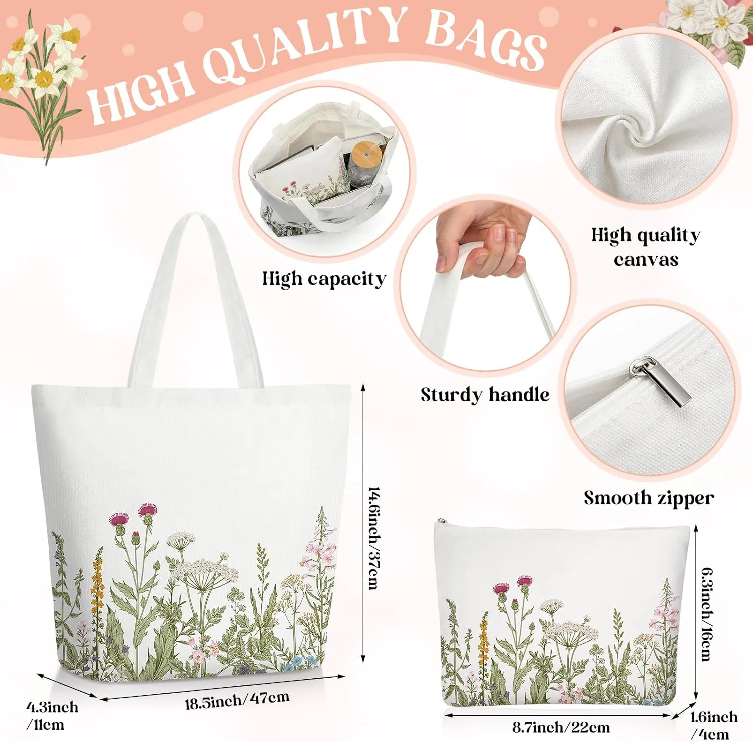 3 Pcs Plant Lover Gifts for Women,Spring Mother's Day Gift Set,Aesthetic Canvas Tote Bag,16 oz Iced Coffee Cup with Straw and Lid,Makeup Bag,Gardener Set for Mom,Teacher,Nurse(White,Flower)