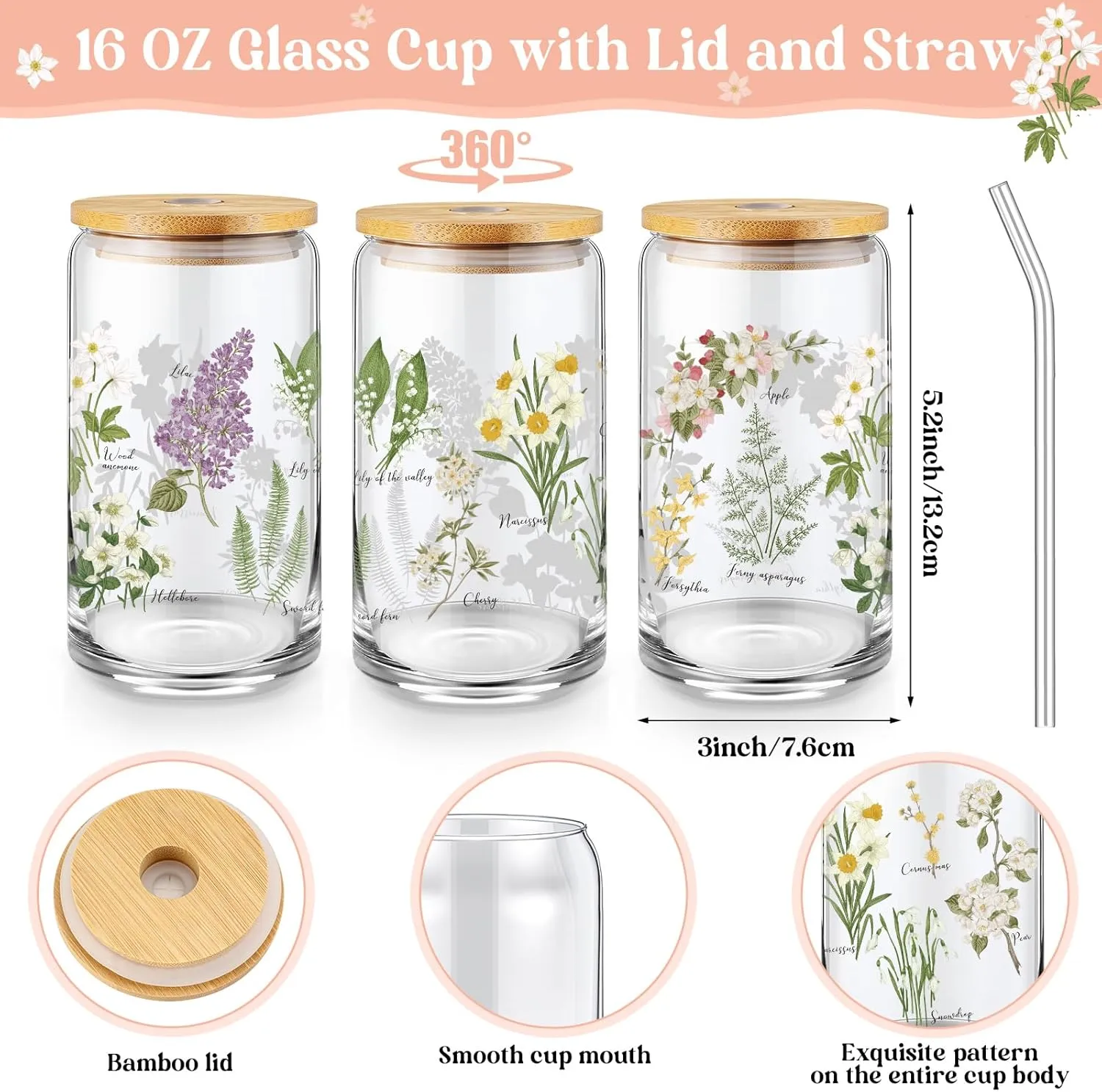 3 Pcs Plant Lover Gifts for Women,Spring Mother's Day Gift Set,Aesthetic Canvas Tote Bag,16 oz Iced Coffee Cup with Straw and Lid,Makeup Bag,Gardener Set for Mom,Teacher,Nurse(White,Flower)