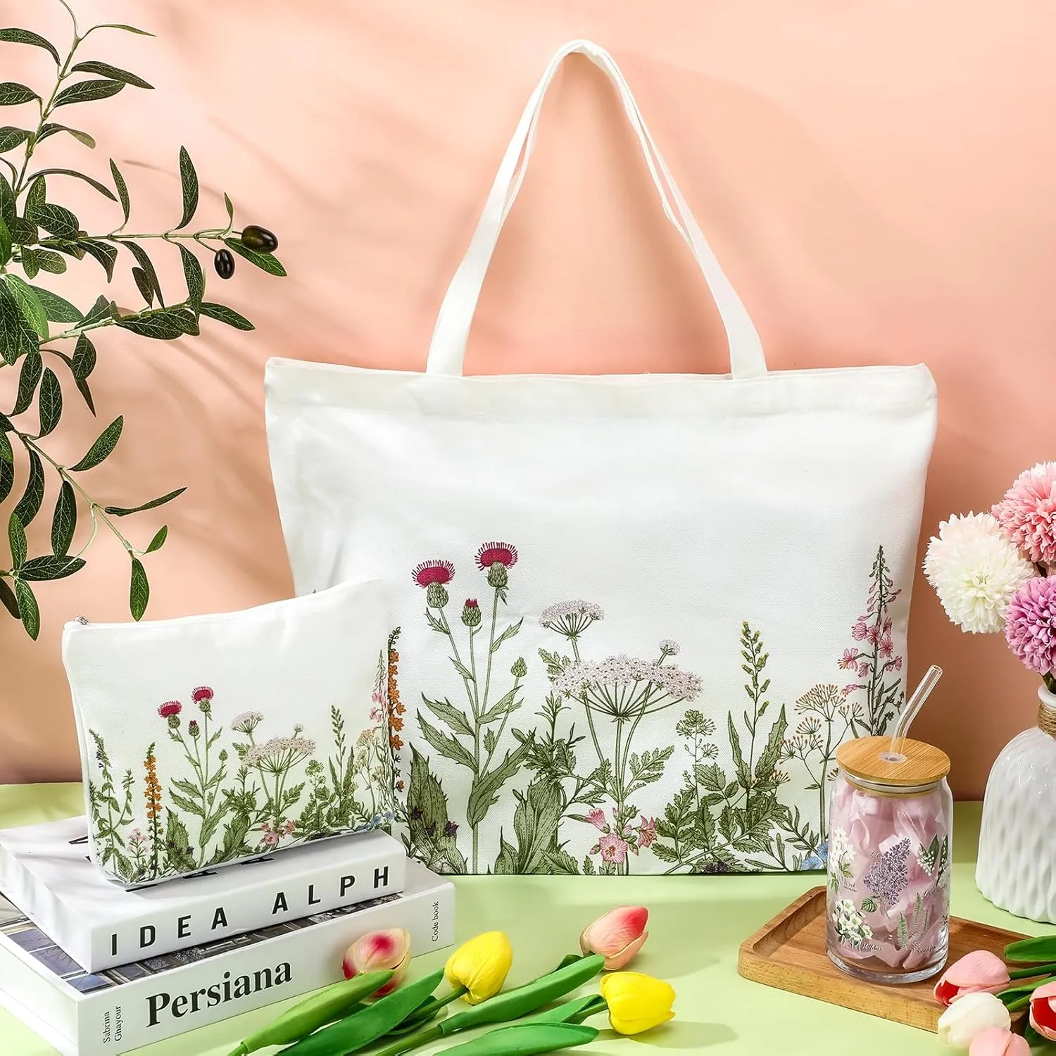 3 Pcs Plant Lover Gifts for Women,Spring Mother's Day Gift Set,Aesthetic Canvas Tote Bag,16 oz Iced Coffee Cup with Straw and Lid,Makeup Bag,Gardener Set for Mom,Teacher,Nurse(White,Flower)