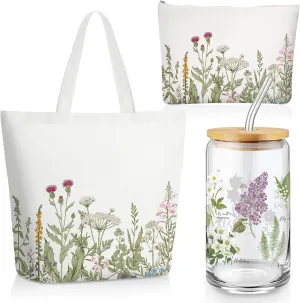 3 Pcs Plant Lover Gifts for Women,Spring Mother's Day Gift Set,Aesthetic Canvas Tote Bag,16 oz Iced Coffee Cup with Straw and Lid,Makeup Bag,Gardener Set for Mom,Teacher,Nurse(White,Flower)