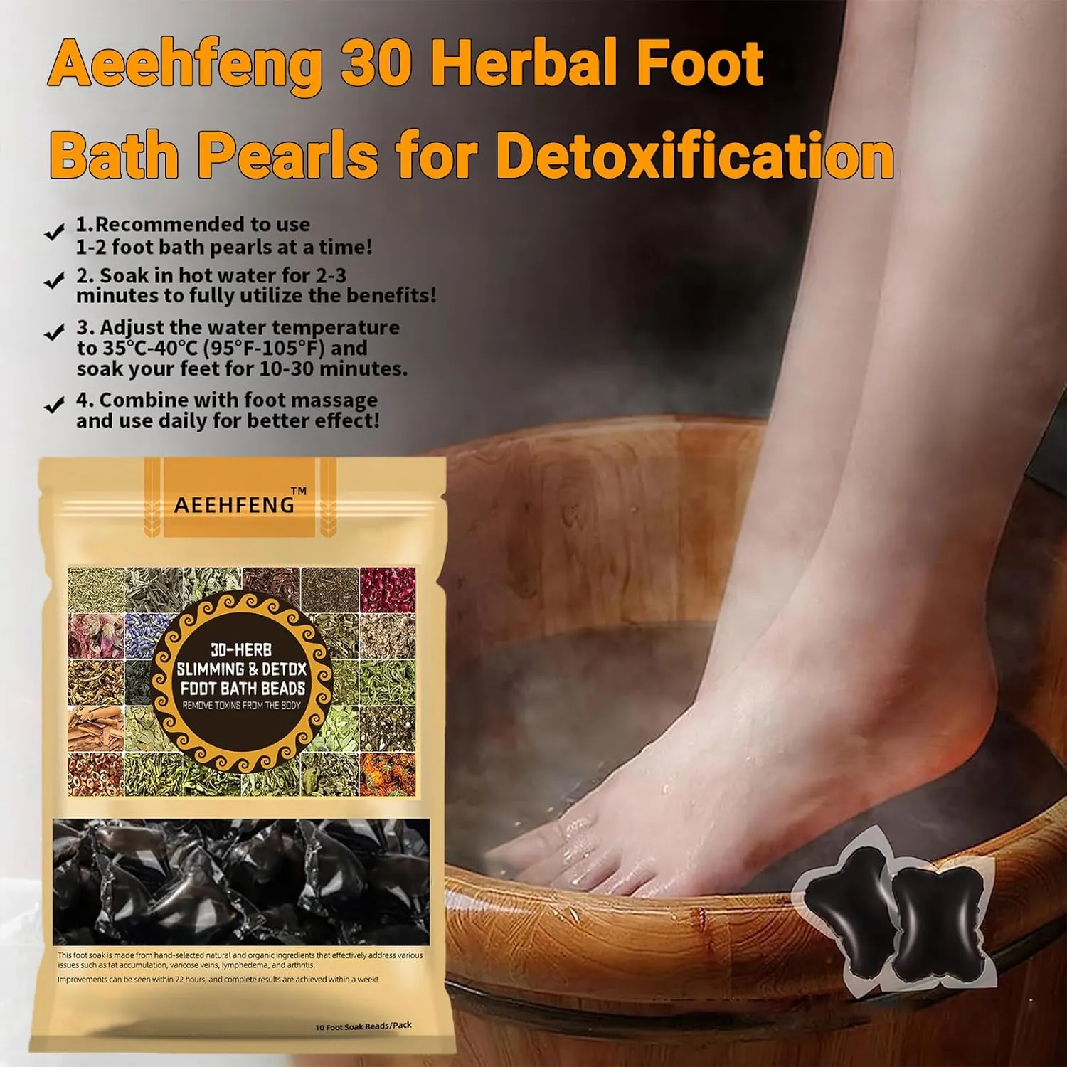 30-Herb Detox Foot Bath Beads, Professional Herbal Detox Foot Soak Beads, Detox and Shaping Cleansing Foot Soak for Men and Women (4 PCS)