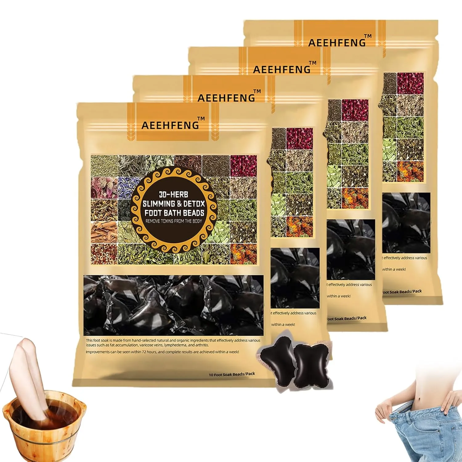 30-Herb Detox Foot Bath Beads, Professional Herbal Detox Foot Soak Beads, Detox and Shaping Cleansing Foot Soak for Men and Women (4 PCS)