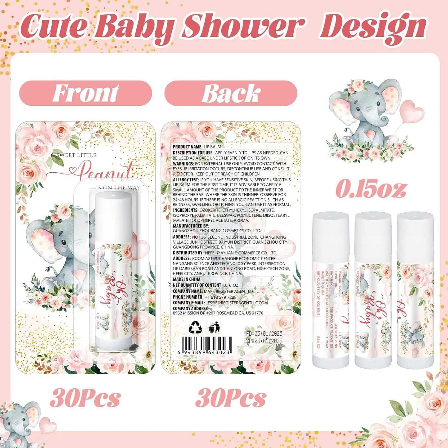 30 Pack Elephant Party Gifts Baby Shower Games Prizes Bulk Lip Balms Favors for Winners Adults Guests Gender Reveal Favors Decorations Baby Shower Souvenirs Gift Bags Stuffers