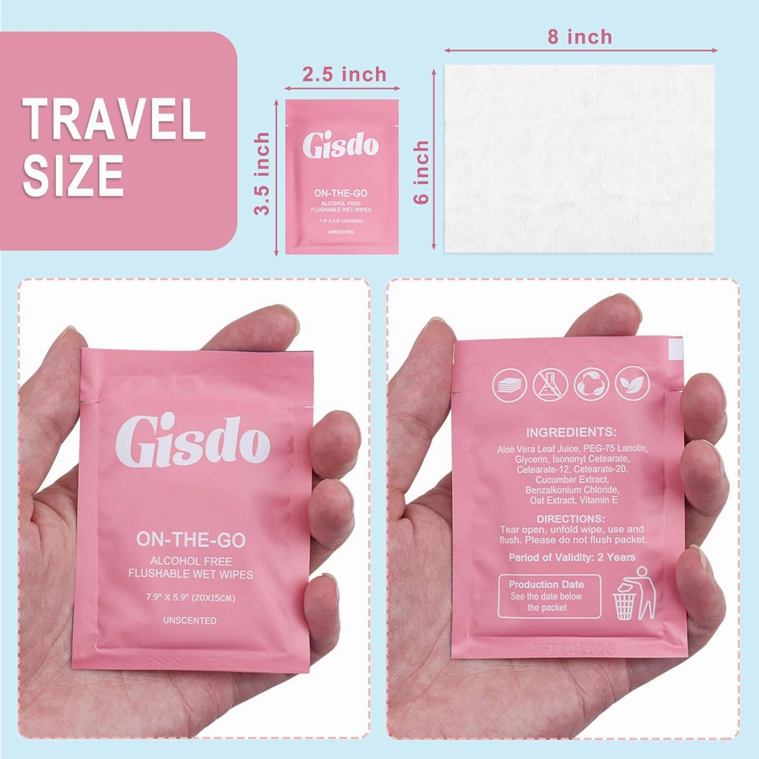 300 Pcs Fragrance Free, Plant Based Wet Wipes, Aloe Vera, Individually Wrapped, Flushable, for Butt, Hands, Sweat, Public Toilets, Outdoor Activities