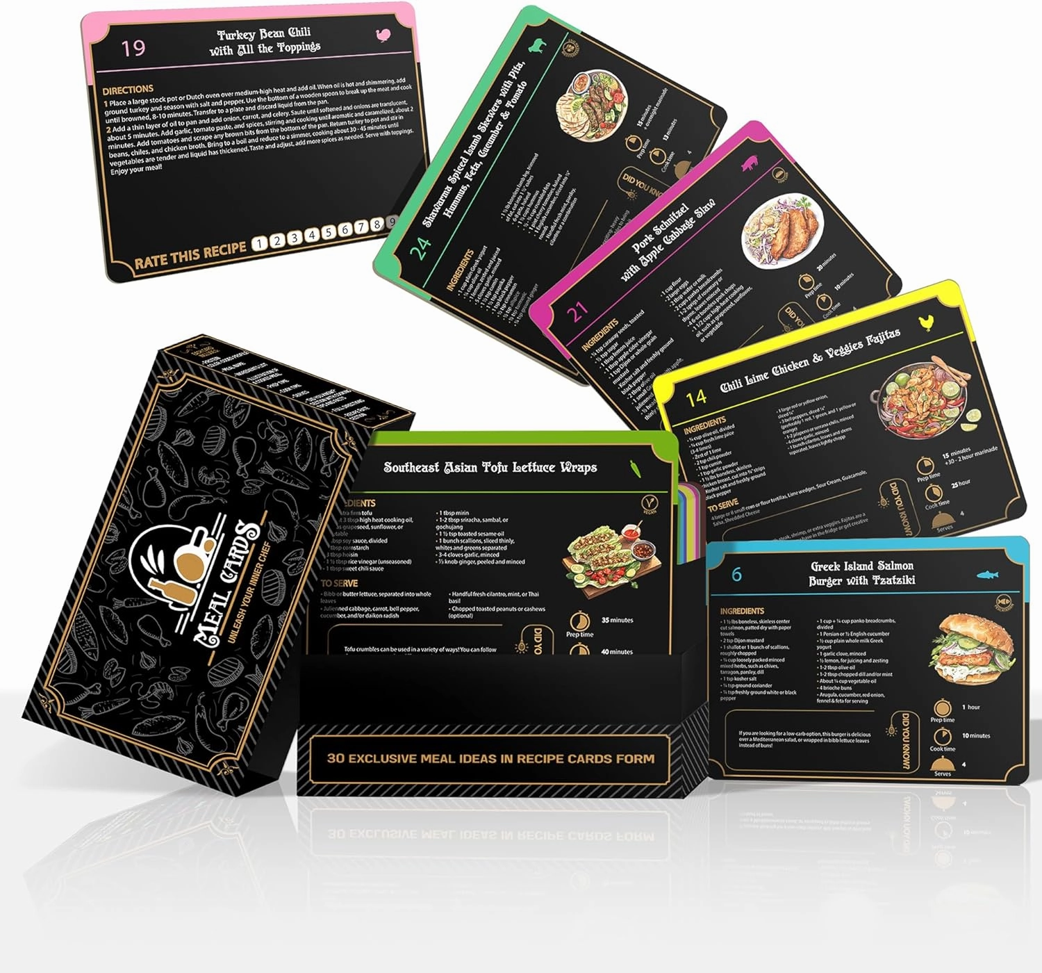 30 Meal Recipes - Your Cookbook and Meal Prep Guide, Recipe Book in Flashcards Form, Dinner Meal Planner Recipe Cards with Diet Options and Pro Food Prep Tips in a Stylish Recipe Box