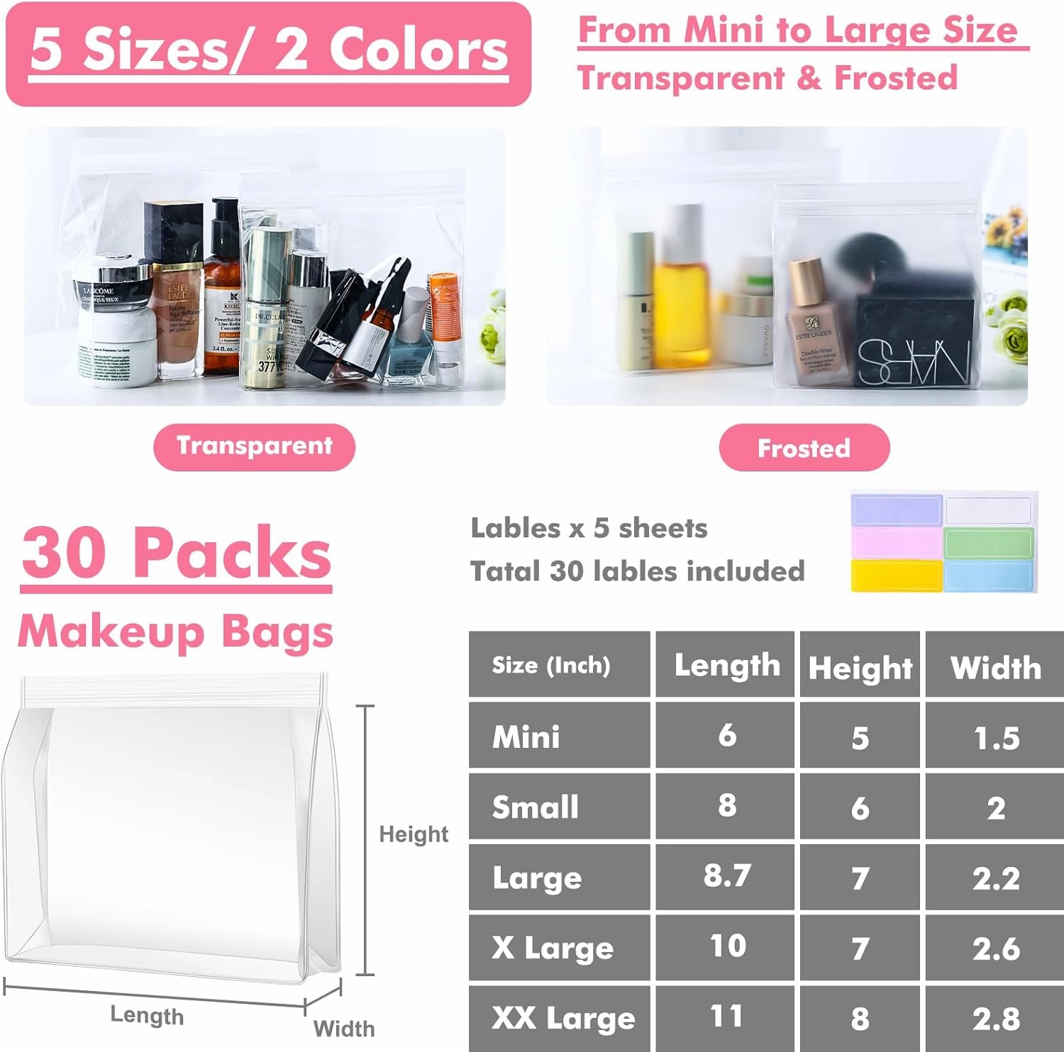 30 Pack Mini Clear Makeup Bag Organizer Cosmetic Zipper Pouch TSA Approved Small Travel Pouches for Toiletries Transparent EVA Reusable Waterproof Plastic Clear Gift Bags Bulk, 6” x 5” x 1.5”