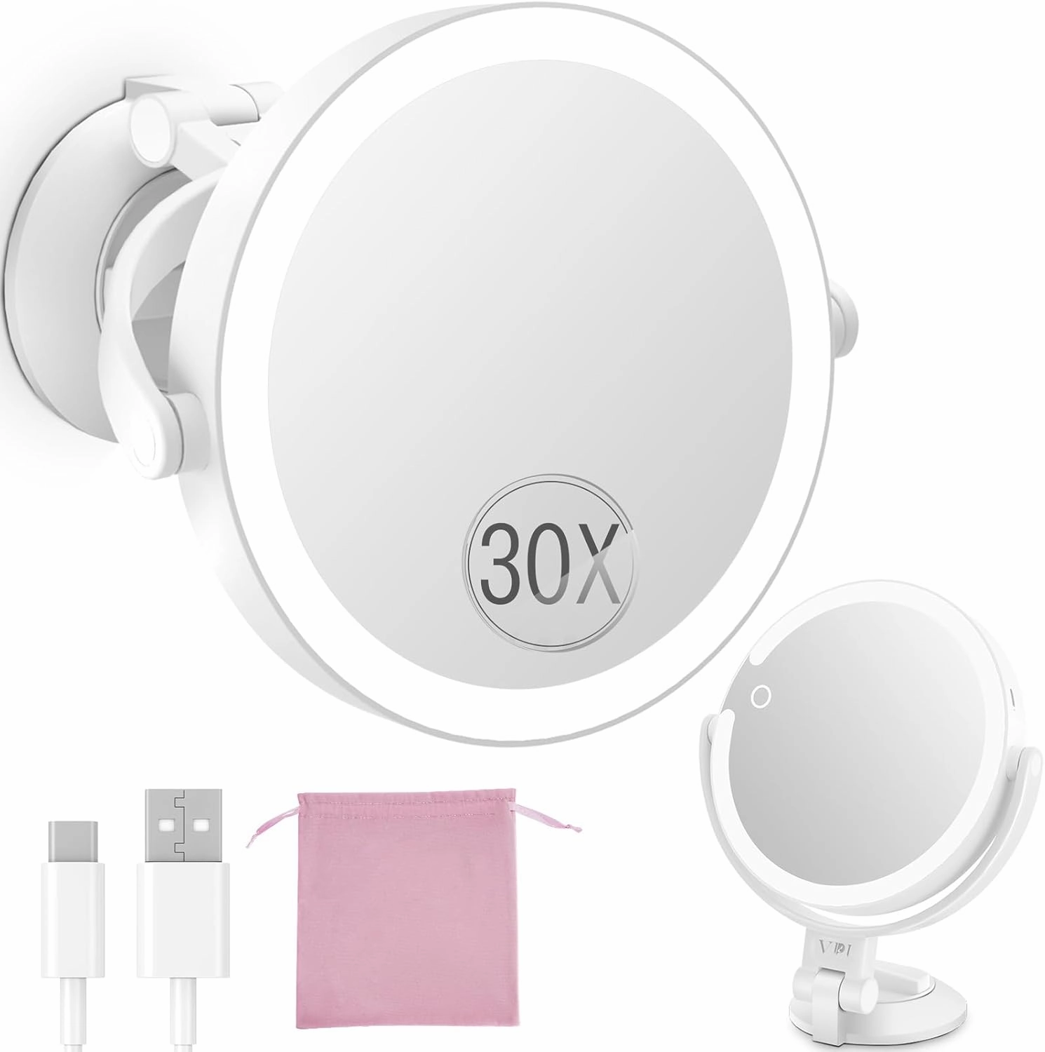 30X/1X Wall Mounted Magnifying Makeup Mirror with Power Suction Cup, Rechargeable Double Sided Regular HD/Magnification 3 Color Modes Adjustable Brightness Mirror with Lights for Bathroom, Travel