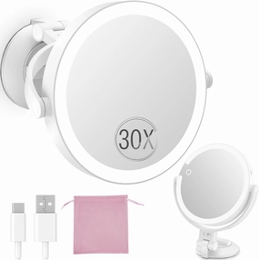 30X/1X Wall Mounted Magnifying Makeup Mirror with Power Suction Cup, Rechargeable Double Sided Regular HD/Magnification 3 Color Modes Adjustable Brightness Mirror with Lights for Bathroom, Travel