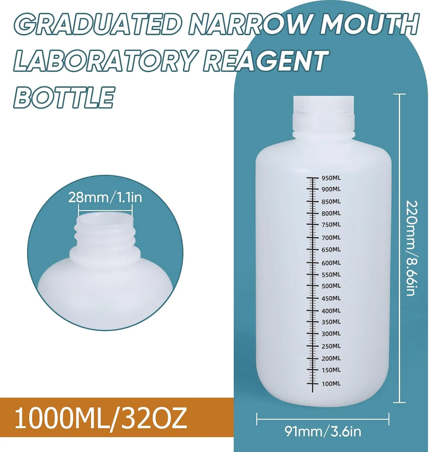32oz/1000ml Narrow Mouth Plastic Bottles with Caps, HDPE Laboratory Grade Graduated Liquid Containers for Reagent Sample Medicine Water Storage (Translucent, 2 Pcs)
