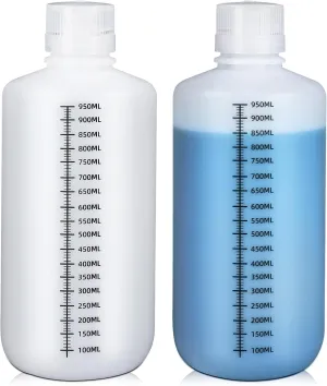32oz/1000ml Narrow Mouth Plastic Bottles with Caps, HDPE Laboratory Grade Graduated Liquid Containers for Reagent Sample Medicine Water Storage (Translucent, 2 Pcs)