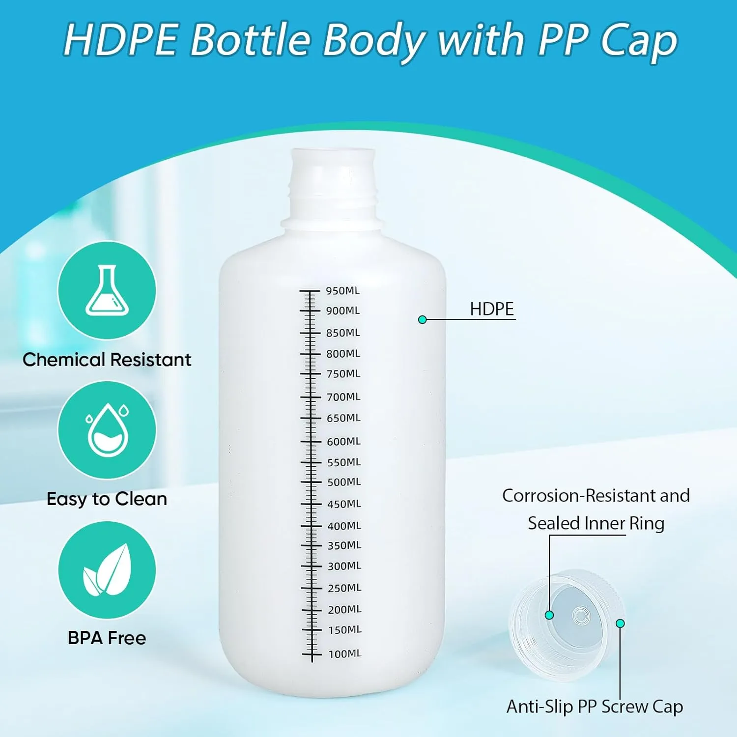 32oz/1000ml Narrow Mouth Plastic Bottles with Caps, HDPE Laboratory Grade Graduated Liquid Containers for Reagent Sample Medicine Water Storage (Translucent, 2 Pcs)