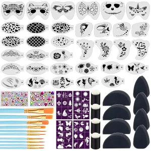 34 28Pcs Face Paint Stencils Kit, Suboyica 34 Pcs Plastic Facial Painting Stencils Reusable Body Paint Templates for Party Halloween Face Makeup Stencils With Brushes, Sponge, Stickers, Diamond