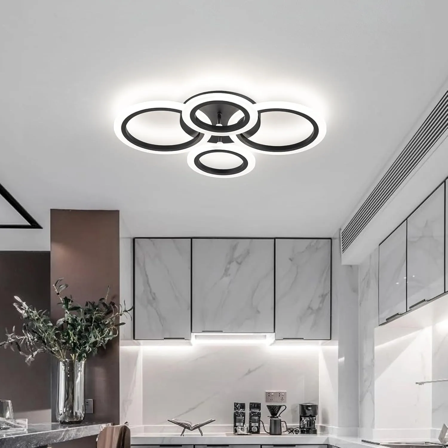 34W Modern LED Ceiling Light, 3000K-6000K Dimmable Ceiling Lighting Fixtures Ceiling Mount 4 Rings Black Flush Mount LED Chandelier Ceiling Lamp with Remote for Kitchen Bedroom, 2720LM