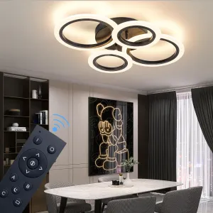 34W Modern LED Ceiling Light, 3000K-6000K Dimmable Ceiling Lighting Fixtures Ceiling Mount 4 Rings Black Flush Mount LED Chandelier Ceiling Lamp with Remote for Kitchen Bedroom, 2720LM