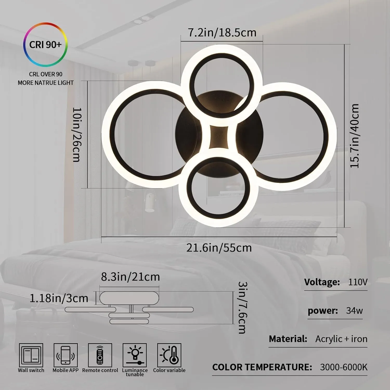 34W Modern LED Ceiling Light, 3000K-6000K Dimmable Ceiling Lighting Fixtures Ceiling Mount 4 Rings Black Flush Mount LED Chandelier Ceiling Lamp with Remote for Kitchen Bedroom, 2720LM