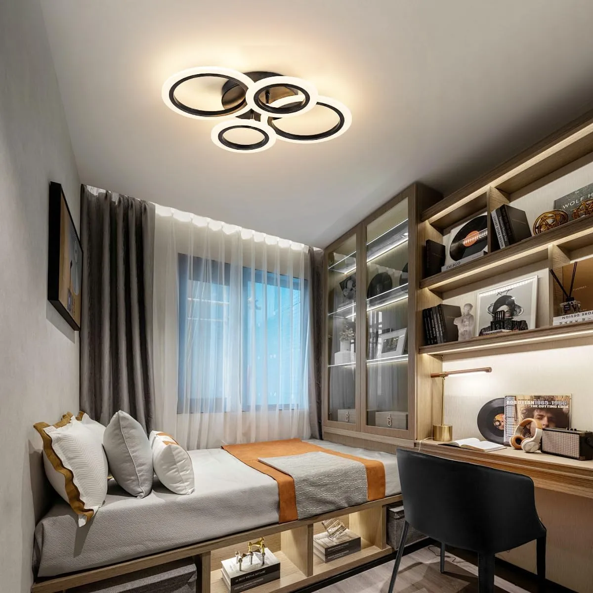 34W Modern LED Ceiling Light, 3000K-6000K Dimmable Ceiling Lighting Fixtures Ceiling Mount 4 Rings Black Flush Mount LED Chandelier Ceiling Lamp with Remote for Kitchen Bedroom, 2720LM