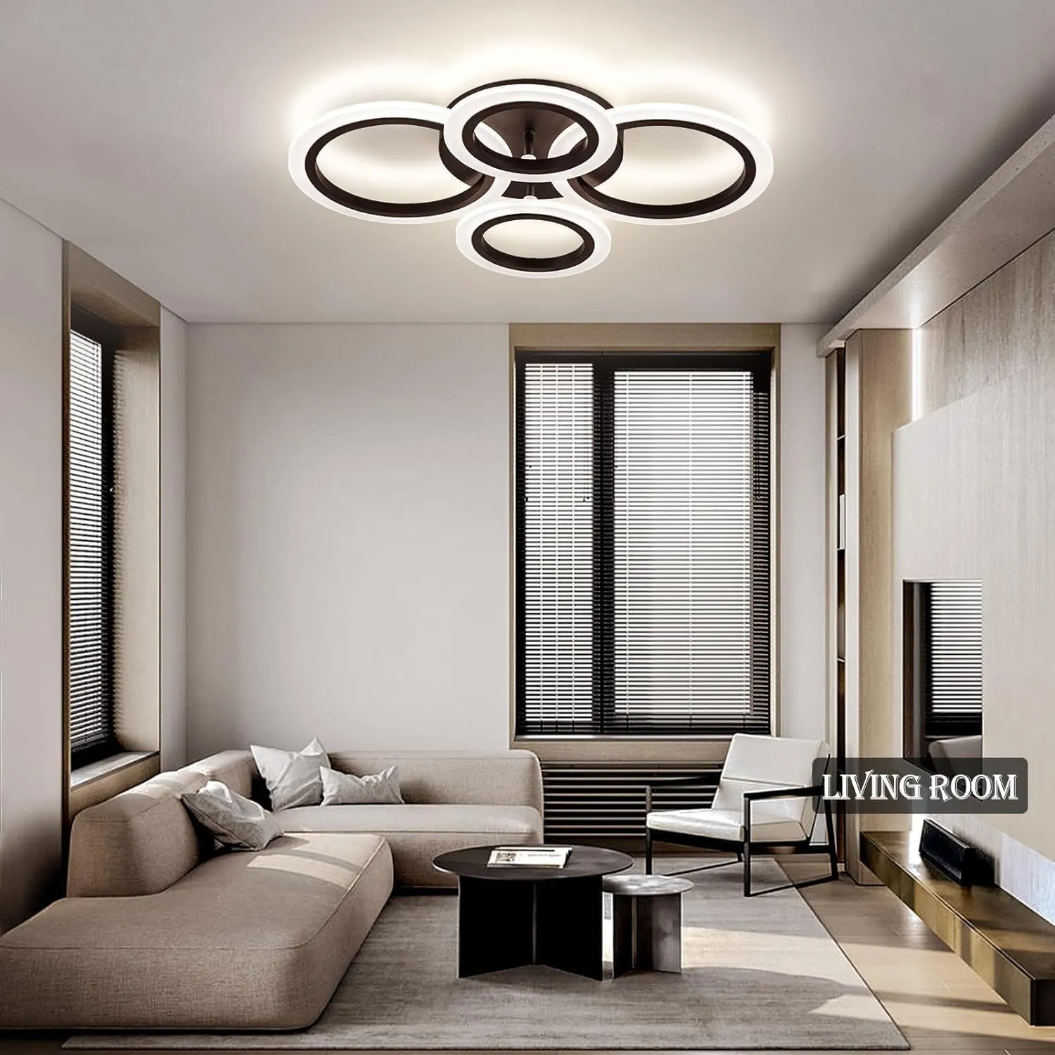 34W Modern LED Ceiling Light, 3000K-6000K Dimmable Ceiling Lighting Fixtures Ceiling Mount 4 Rings Black Flush Mount LED Chandelier Ceiling Lamp with Remote for Kitchen Bedroom, 2720LM
