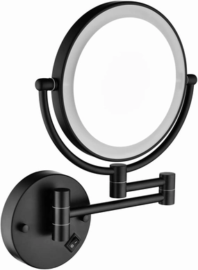 360-Degree Rotating LED Wall-Mount Makeup Mirror, Two-Sided 1X/3X Magnification, Adjustable Arm, Matte Black