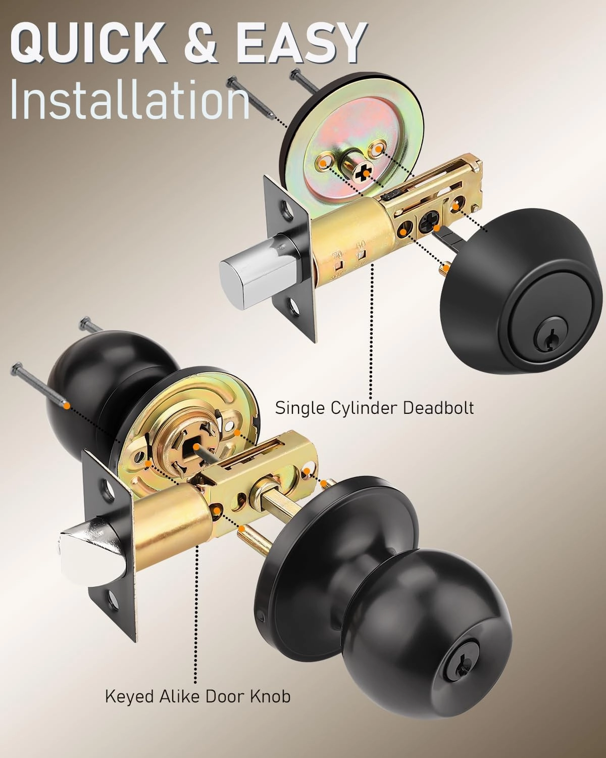 3 Pack Entry Door Knob Lockset and Single Cylinder Deadbolt Combination Set in Matte Black Finish, Keyed Alike Exterior Knob Lock and Deadbolt for Front Door and Outside Gate