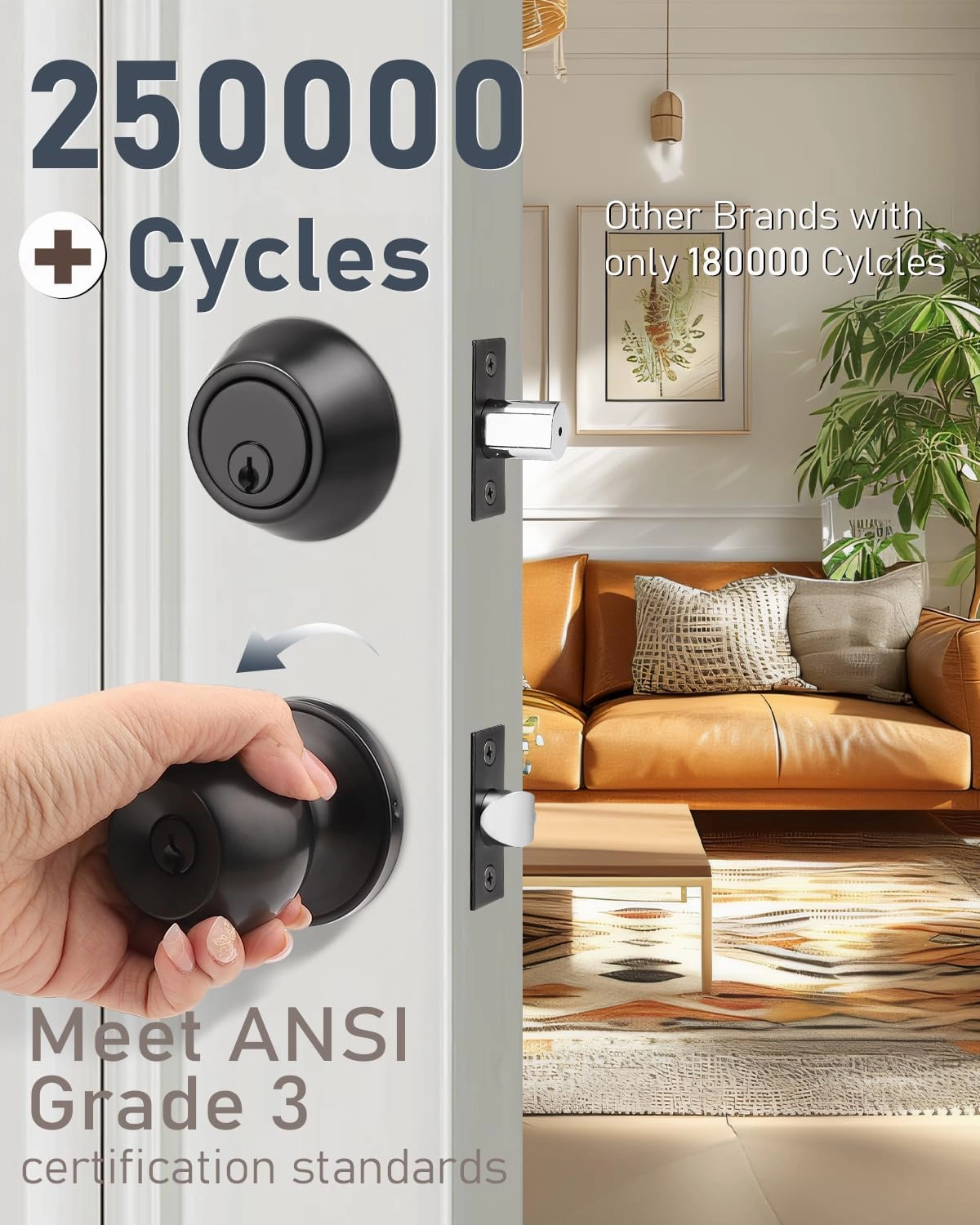 3 Pack Entry Door Knob Lockset and Single Cylinder Deadbolt Combination Set in Matte Black Finish, Keyed Alike Exterior Knob Lock and Deadbolt for Front Door and Outside Gate