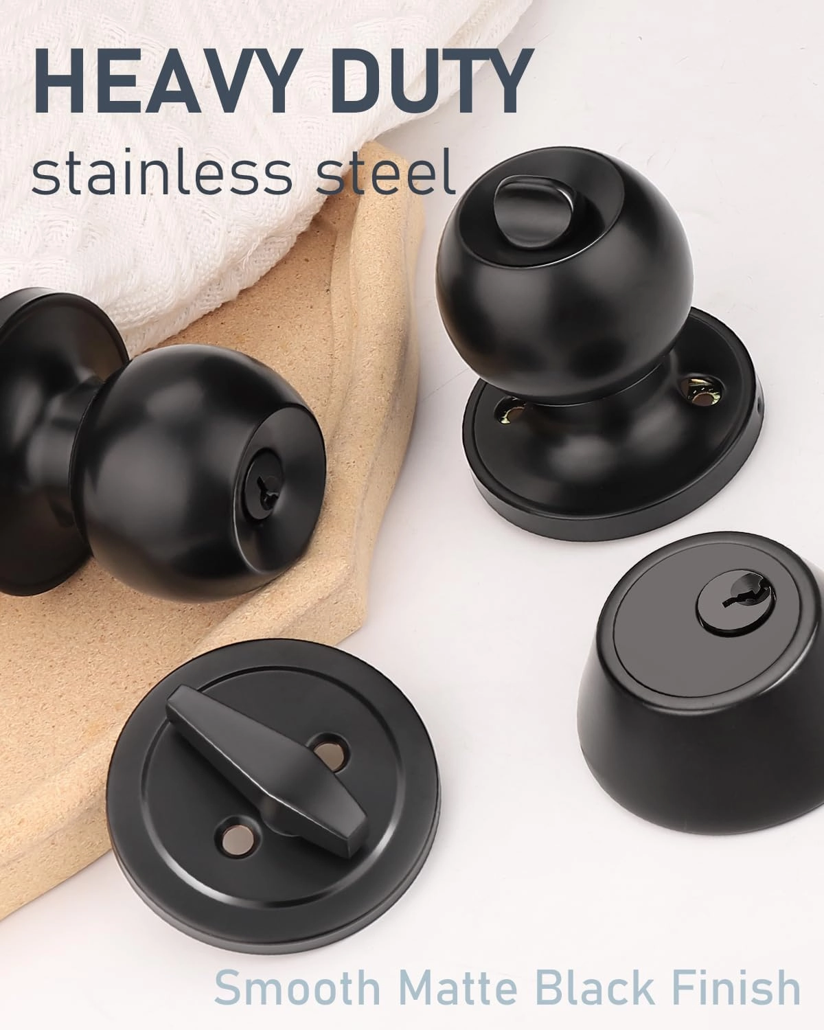 3 Pack Entry Door Knob Lockset and Single Cylinder Deadbolt Combination Set in Matte Black Finish, Keyed Alike Exterior Knob Lock and Deadbolt for Front Door and Outside Gate