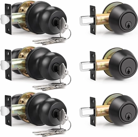 3 Pack Entry Door Knob Lockset and Single Cylinder Deadbolt Combination Set in Matte Black Finish, Keyed Alike Exterior Knob Lock and Deadbolt for Front Door and Outside Gate