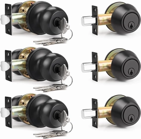 3 Pack Entry Door Knob Lockset and Single Cylinder Deadbolt Combination Set in Matte Black Finish, Keyed Alike Exterior Knob Lock and Deadbolt for Front Door and Outside Gate
