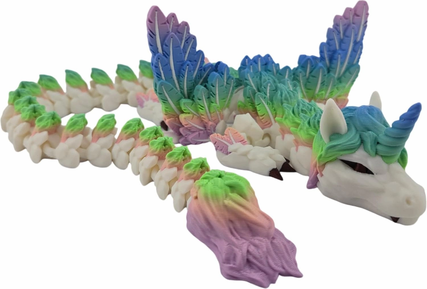 3D Printed Alicorn Dragon Fidget Toy - 22" Articulated Pastel Rainbow with White Body