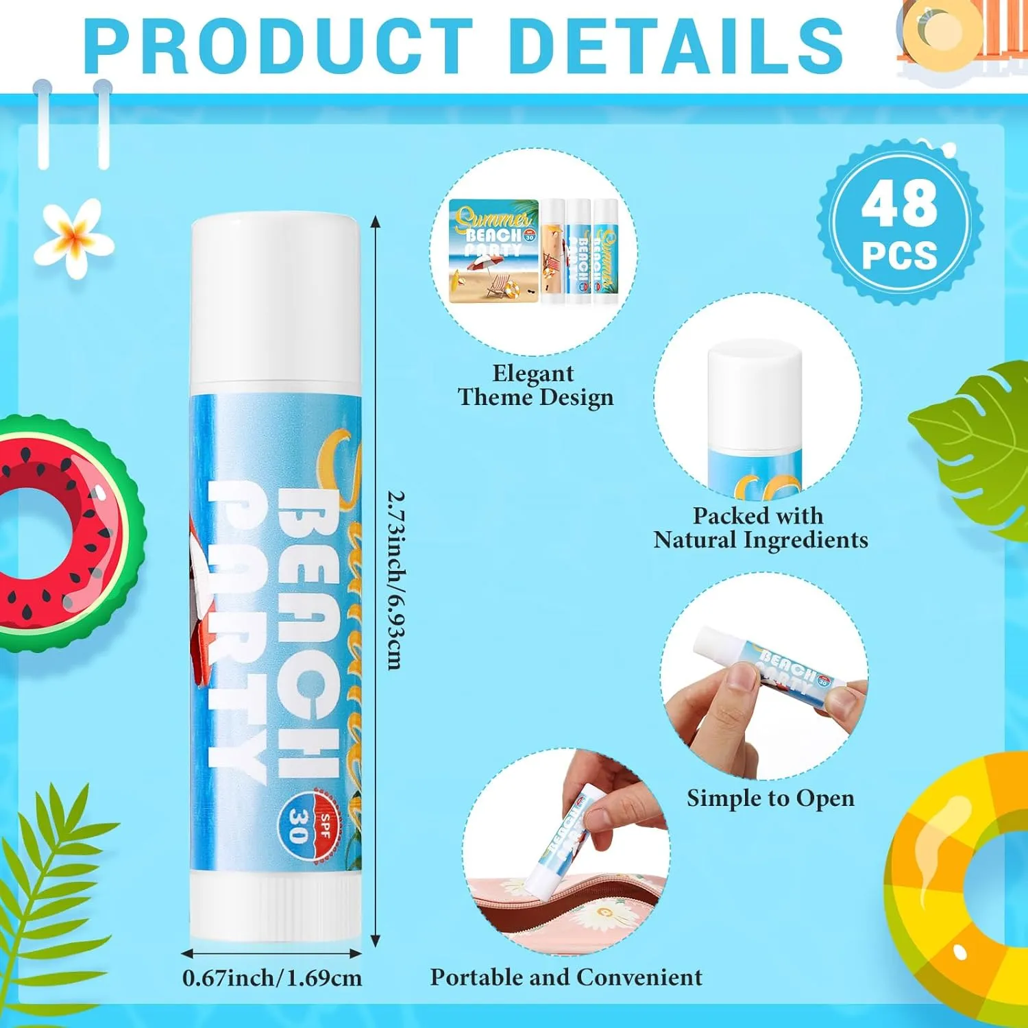 48 Pcs SPF 30 Sunscreen Lip Balms Bulk Outdoor Travel Size Sunscreen Care Lip Balm Sticks for Beach Summer Party Supplies