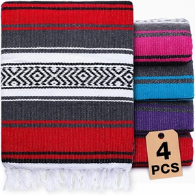4 Colorful Mexican Yoga Blankets - Bulk Handwoven Falsa Serape Woven Boho Beach & Picnic Blankets for Outdoor Camping & Travel (Multicolor)
