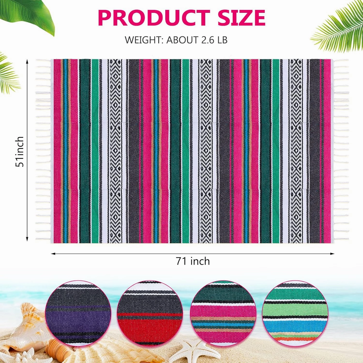 4 Colorful Mexican Yoga Blankets - Bulk Handwoven Falsa Serape Woven Boho Beach & Picnic Blankets for Outdoor Camping & Travel (Multicolor)