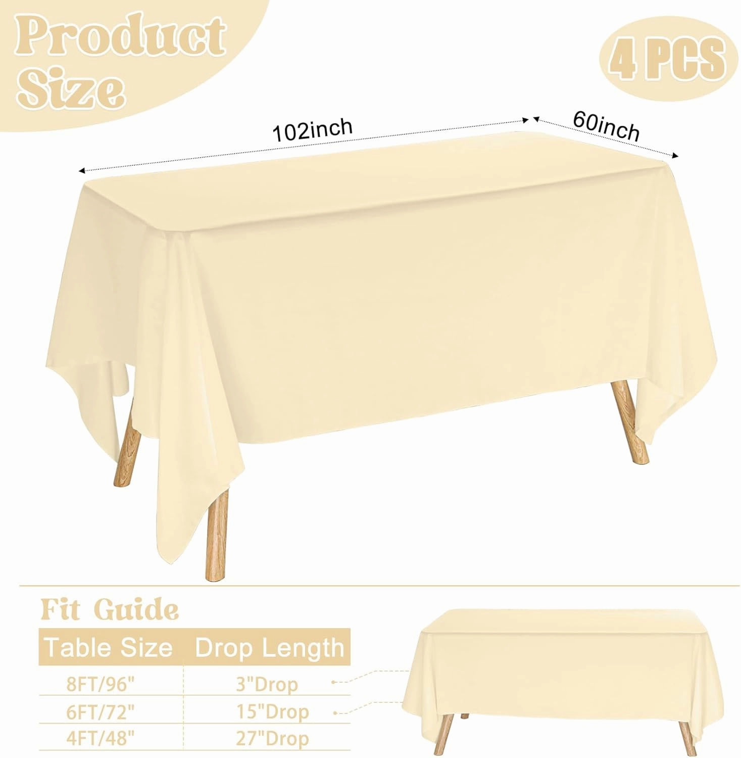 4 Pack Rectangle Tablecloth for 6 Foot Tables Washable Polyester Table Cover for Wedding Dining Table Parties Banquet（60x102 Champagne）