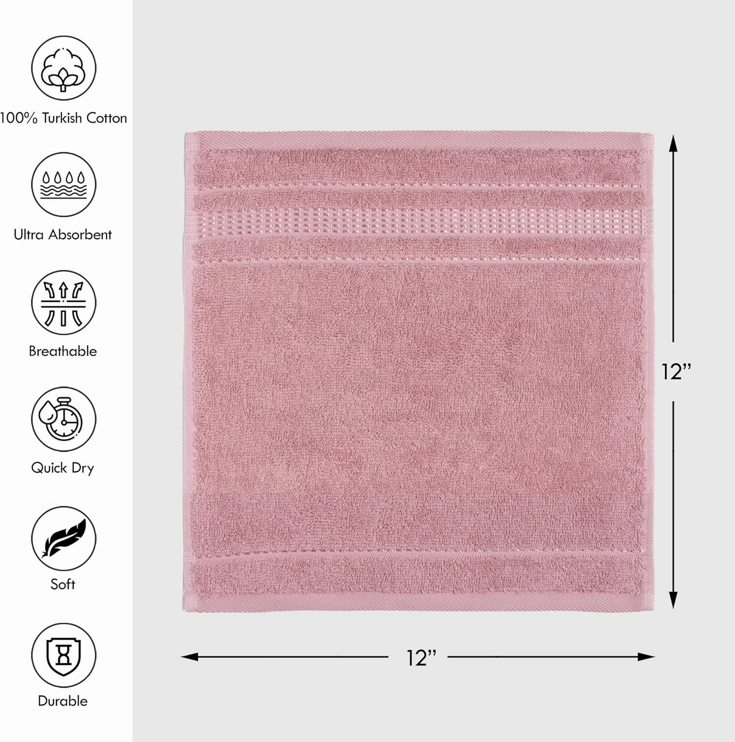 4 Piece Washcloth Set, 100% Turkish Cotton Towels for Body and Face, 12 in x 12 in, Absorbent, Quick Dry, Durable and Soft, Baby Towels, Wash Rags for Kitchen, Powder Pink