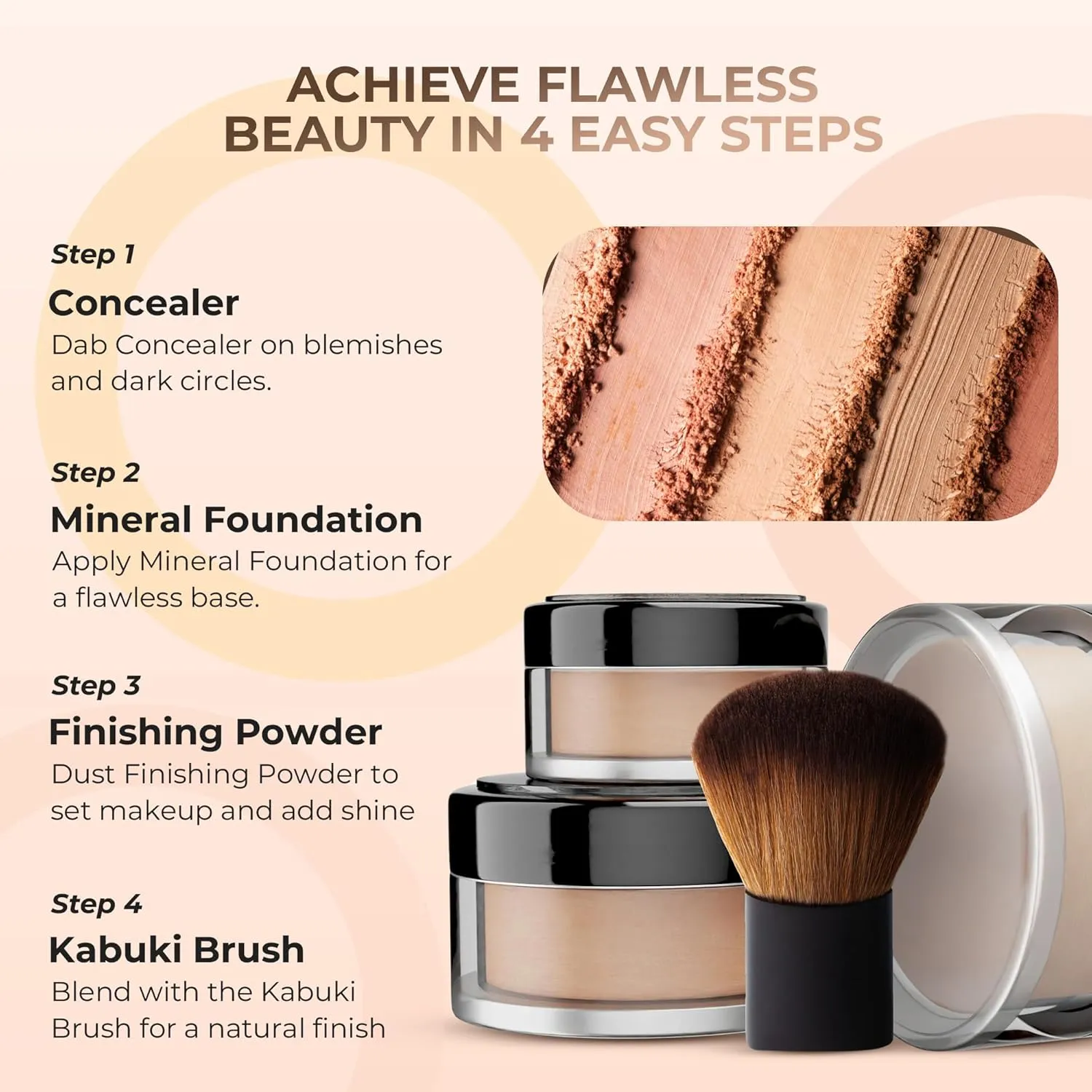 4pc Full Size Kit (Ebony Shade) Mineral Makeup Matte Translucent Loose Foundation   Kabuki Brush   Concealer   Finishing Setting Powder   Bare Face Full Coverage SPF 30 All Skin Types Waterproof
