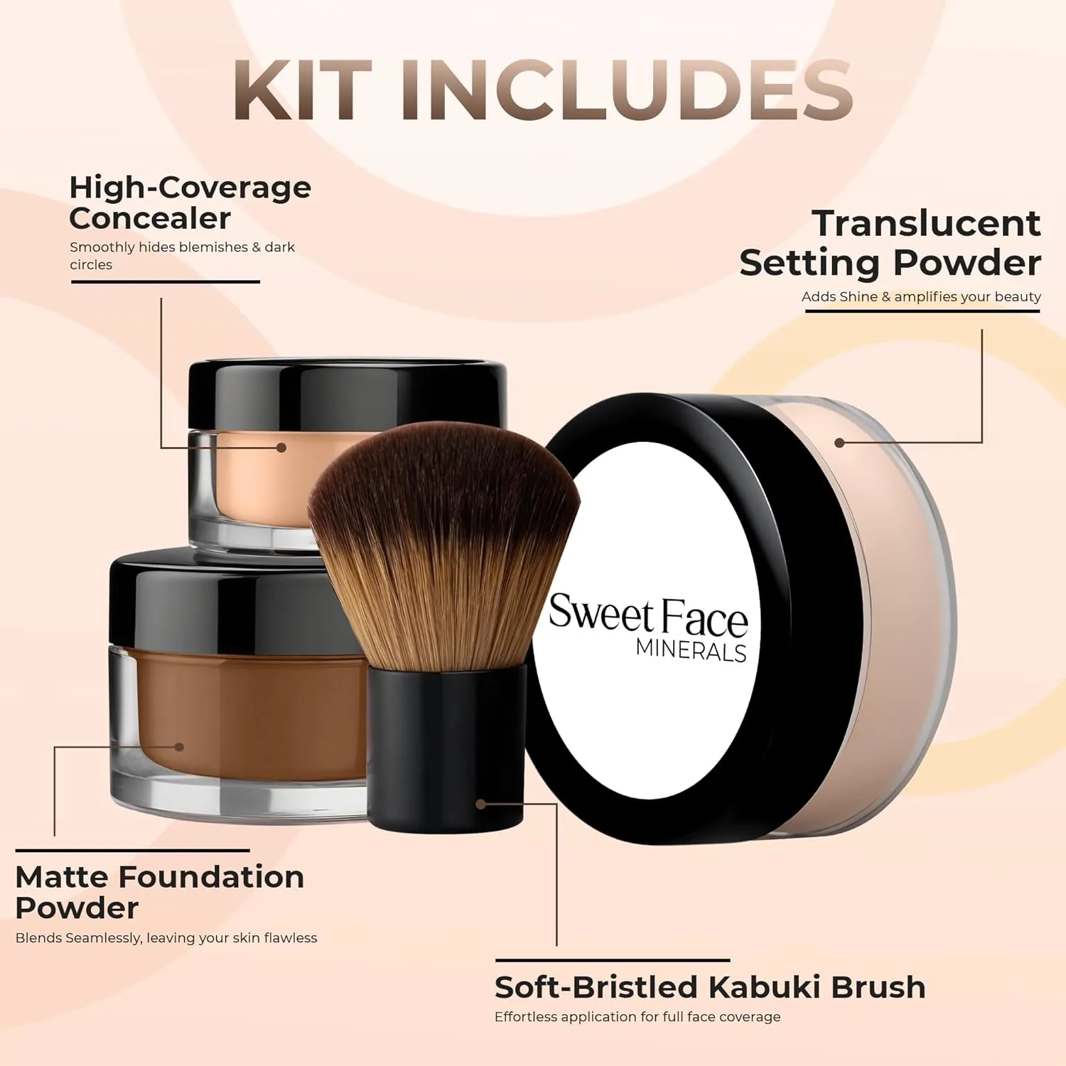 4pc Full Size Kit (Ebony Shade) Mineral Makeup Matte Translucent Loose Foundation   Kabuki Brush   Concealer   Finishing Setting Powder   Bare Face Full Coverage SPF 30 All Skin Types Waterproof