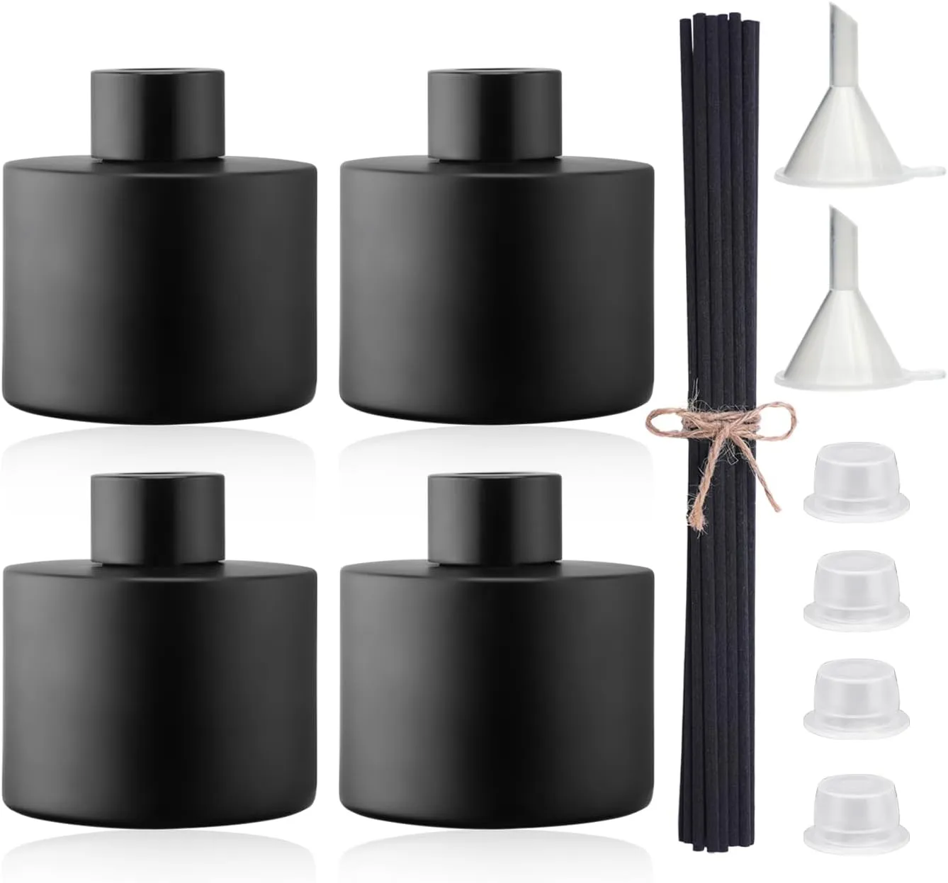 4PCS 100ML Glass Diffuser Bottles Black, Refillable Empty Perfume Fragrance Reed Bottles with 20pcs Reeds Sticks & Caps & Funnel, Diffuser Jars for DIY Fragrance Oil Wedding Party Decoration Gift