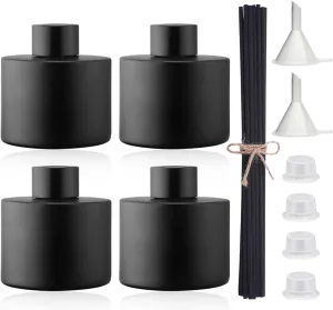 4PCS 100ML Glass Diffuser Bottles Black, Refillable Empty Perfume Fragrance Reed Bottles with 20pcs Reeds Sticks & Caps & Funnel, Diffuser Jars for DIY Fragrance Oil Wedding Party Decoration Gift