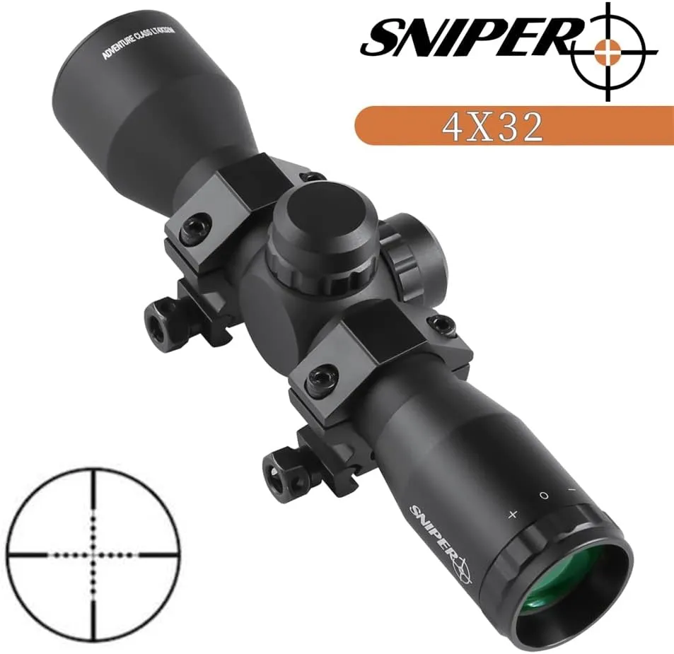 4x32 Compact Rifle Scope MT4x32 Hunting Scope w/Scope Rings, Crossbow Scope (Rangefinder/Mil-Dot/Five-Line Reticle)