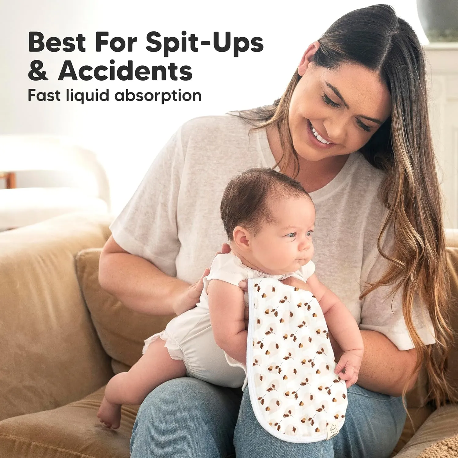 5-Pack Muslin Burp Cloths Baby Boy, Girl - Very Absorbent Baby Burp Cloth Rags, 8-Layers Viscose Derived from Bamboo Cotton Muslin Towel, Super Soft Spit Up Rags, No Shrink Washcloths (Fall Spores)
