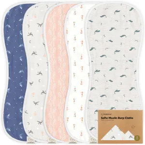 5-Pack Muslin Burp Cloths Baby Boy, Girl - Very Absorbent Baby Burp Cloth Rags, 8-Layers Viscose Derived from Bamboo Cotton Muslin Towel, Super Soft Spit Up Rags, No Shrink Washcloths (Marine Muse)