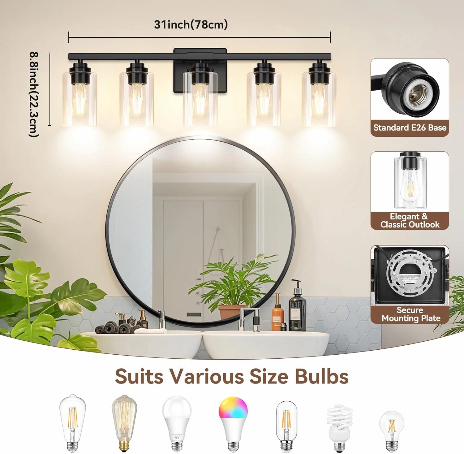 5-Light Bathroom Light Fixtures, 31" Modern Vanity Lights Over Mirror with Clear Glass Shades, Matte Black Light Fixture, Classic Wall Light Fixture for Mirror Living Room Cabinet Bedroom Porch