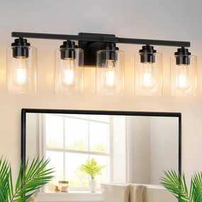 5-Light Bathroom Light Fixtures, 31" Modern Vanity Lights Over Mirror with Clear Glass Shades, Matte Black Light Fixture, Classic Wall Light Fixture for Mirror Living Room Cabinet Bedroom Porch