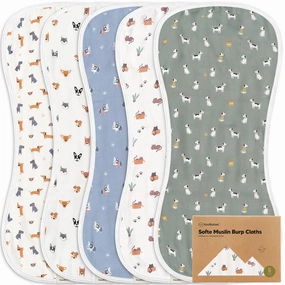 5-Pack Muslin Burp Cloths Baby Boy, Girl - Very Absorbent Baby Burp Cloth Rags, 8-Layers Viscose Derived from Bamboo Cotton Muslin Towel, Super Soft Spit Up Rags, No Shrink Washcloths(Pets & Paws)