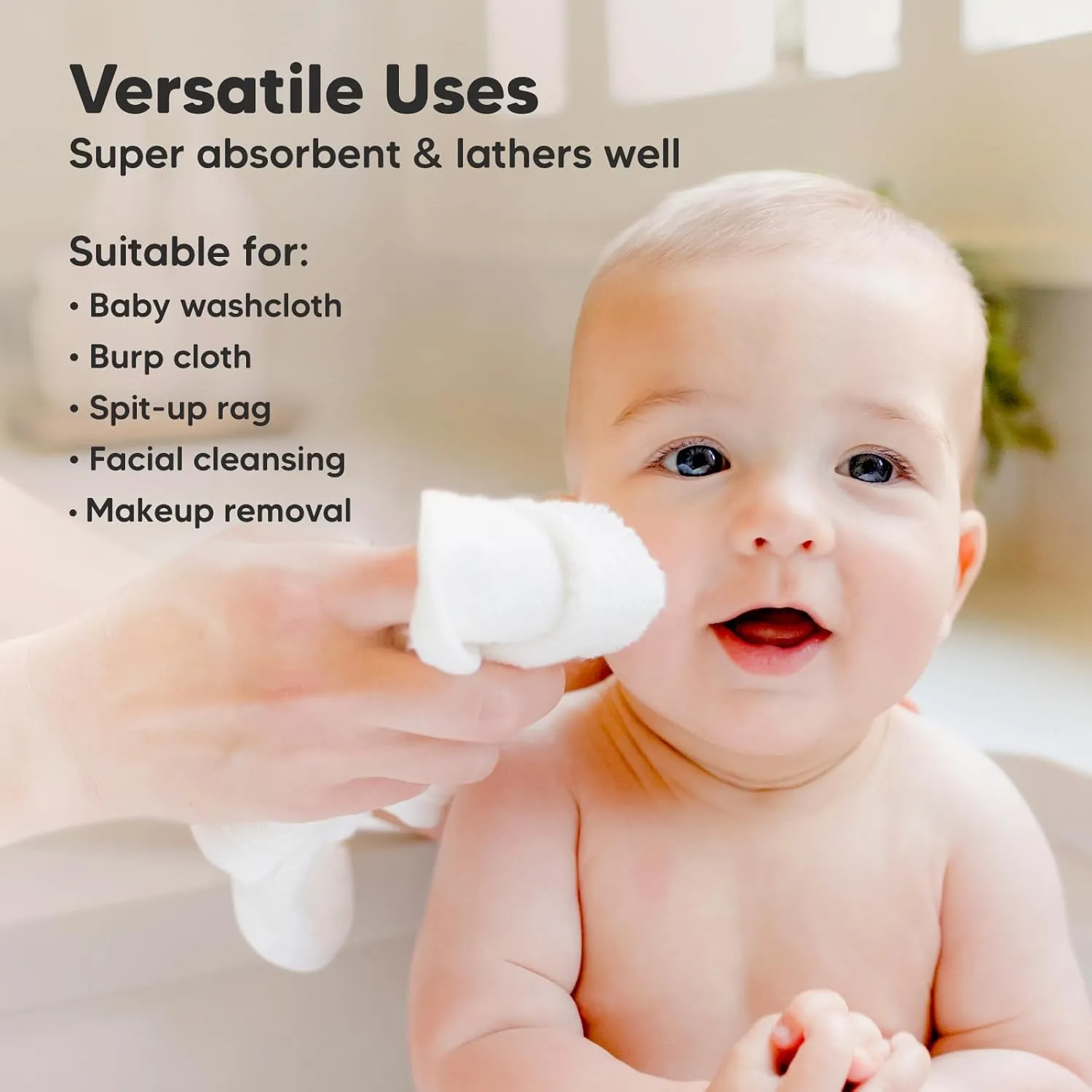 6-Pack Baby Washcloths - Soft Viscose from Bamboo Washcloth, Baby Wash Cloths for Newborn, Kids, Bath Baby Towels, Face Towel, Face Cloths for Washing Face (White)