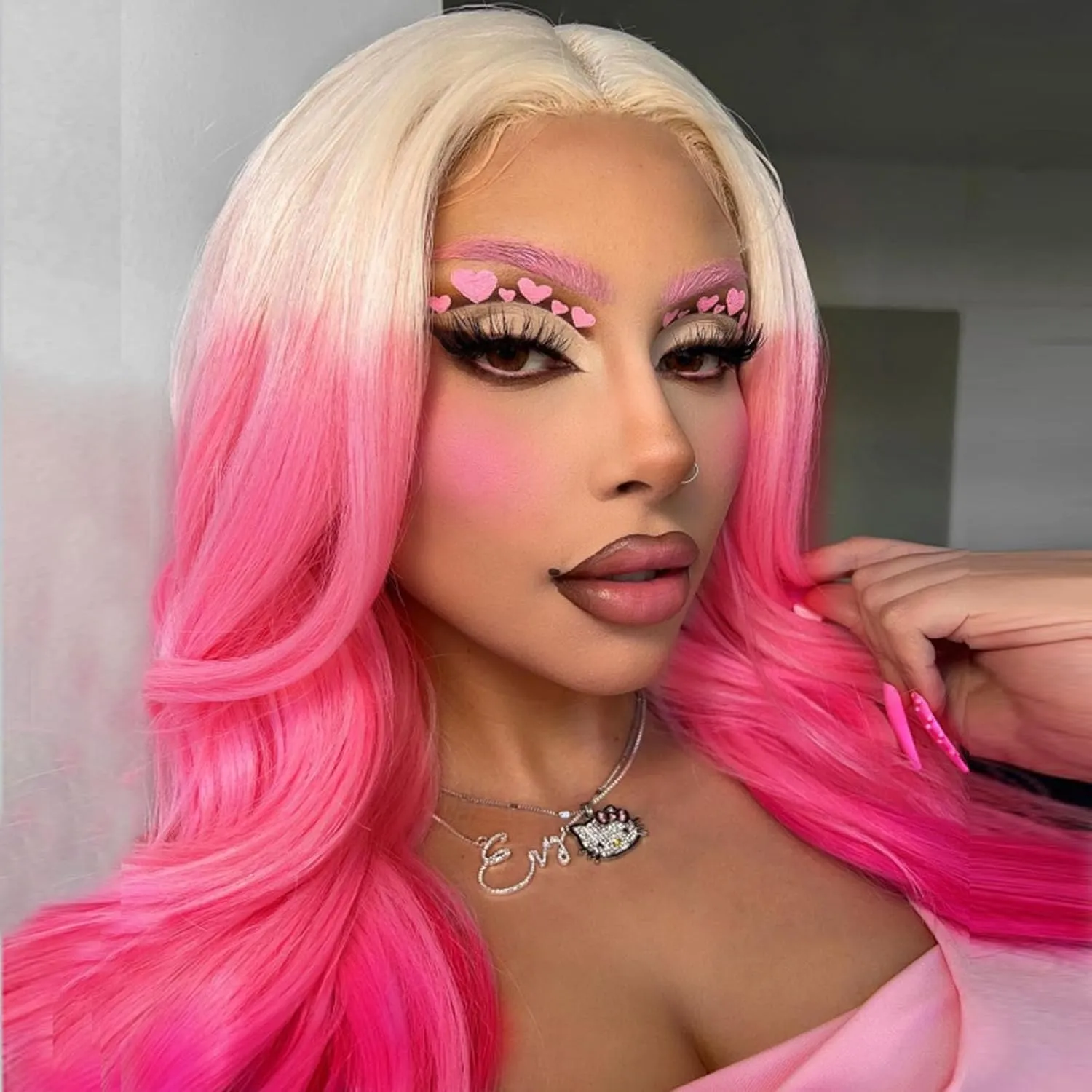 613 Blonde Pink Wig Hair Lace Front Wigs Long Straight Soft Natural Hair Blonde Ombre Hot Pink Color Glueless Heat resistant Synthetic Lace Front Wigs for Fashion Women 24 Inch