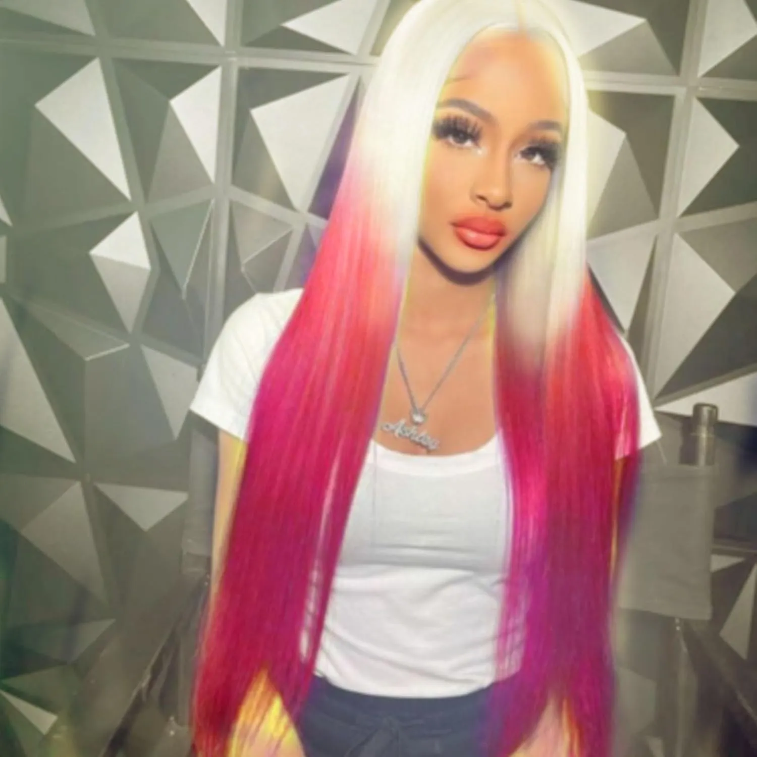 613 Blonde Pink Wig Hair Lace Front Wigs Long Straight Soft Natural Hair Blonde Ombre Hot Pink Color Glueless Heat resistant Synthetic Lace Front Wigs for Fashion Women 24 Inch