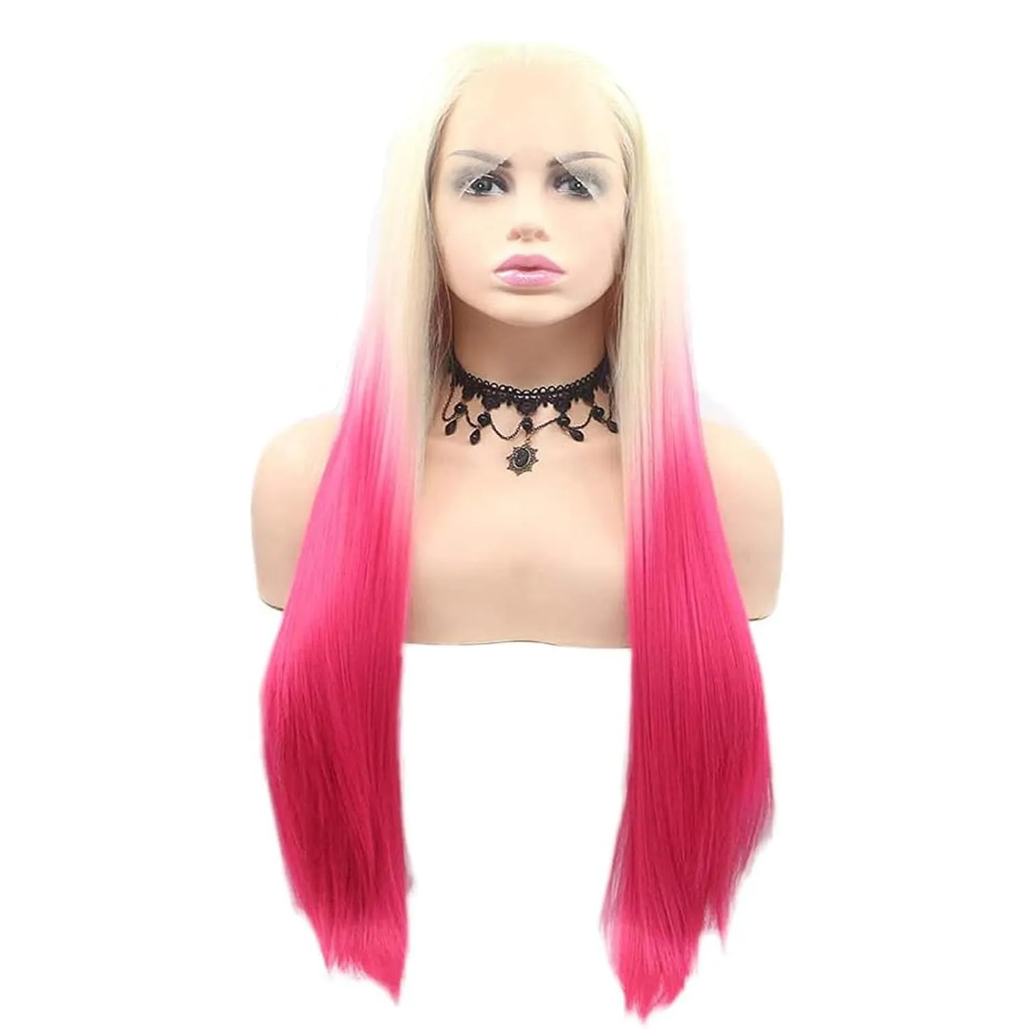 613 Blonde Pink Wig Hair Lace Front Wigs Long Straight Soft Natural Hair Blonde Ombre Hot Pink Color Glueless Heat resistant Synthetic Lace Front Wigs for Fashion Women 24 Inch